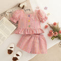 Girls Casual Clothes Outing Summer Baby Girl Colorful Plaid Cotton Set Short Sleeved Tops with Shorts 2 Pieces