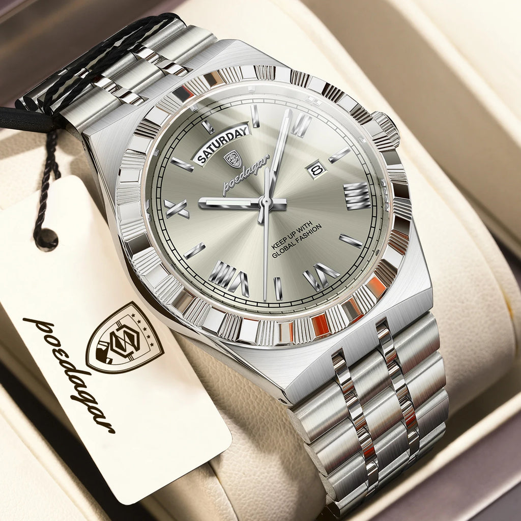 POEDAGAR Fashion Business Men's Watch Luminous Waterproof Week Date Luxury Man Wristwatch Stainless Steel Quartz Watches For Men