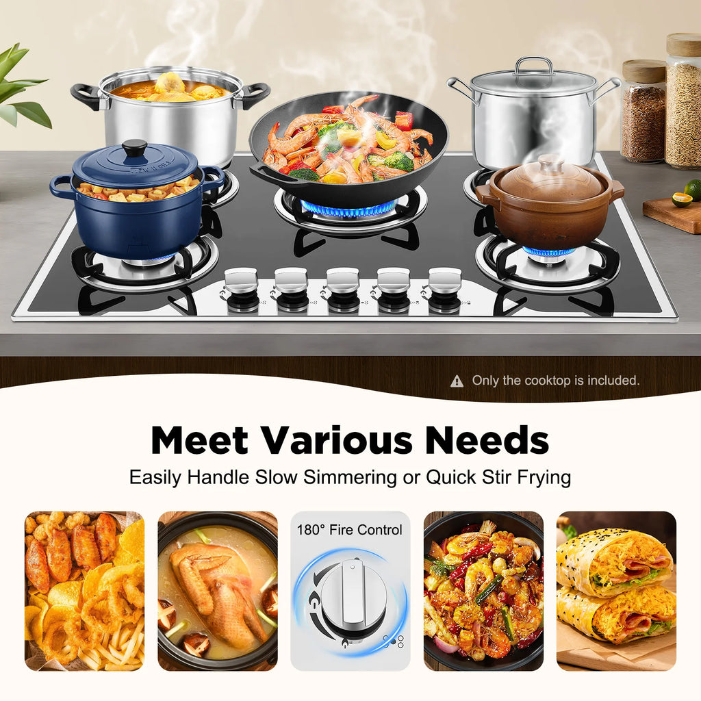 5 Burners Built-in Gas Stove, Dual Fuel NG/LPG Convertible Gas Hob, Oversized Cooking Surface 30.31*20.08” for Home Kitchens, Restaurants