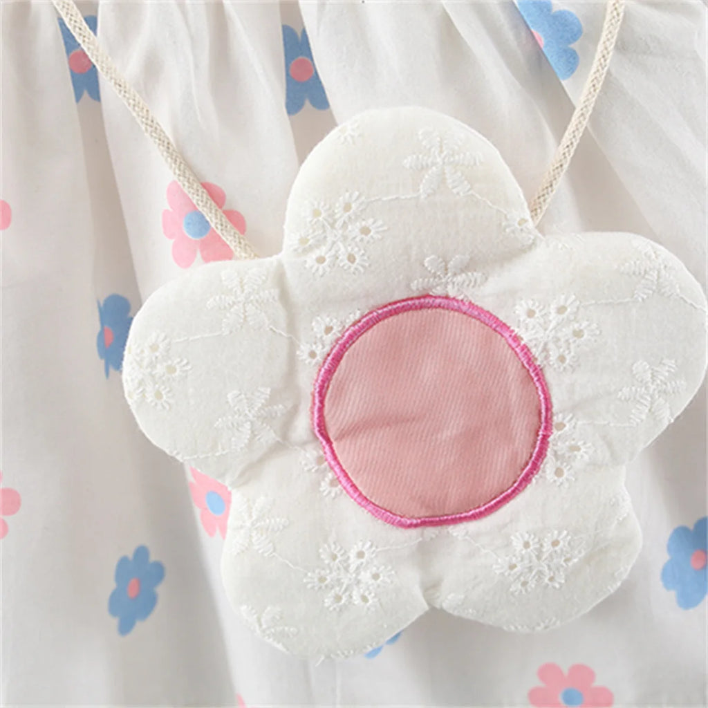 Summer Girls' Dress New 2 Pieces/Set Free Cute Bag Fresh Flower Bow Strap Daily Knee Length Cotton Comfortable Dress