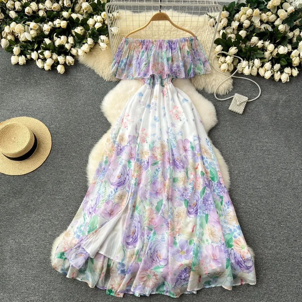 Chic Sexy Off Shoulder Print Ruffle Slash Neck Dress Fairy Print Casual A-line Dress Summer Elegant Beach Vacation Women Dresses