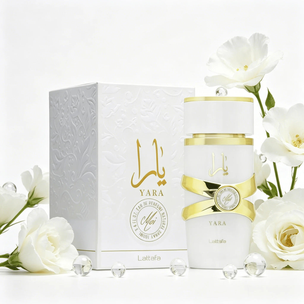 YARA LATTAFA Yara Moi EDP 100ML Perfume For Women Warm Soft Floral Milky Vanilla Aroma Long Lasting Matte White Gold Cross Ribbon Decor Bottle Complete Gift Box Anniversary Holiday Present