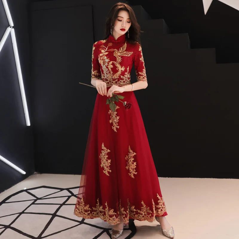Chinese Style Bride Wedding Dress Elegant Embroidery Tulle Women Dress Evening Party Dress Classic Mandarin Collar Vestidos 3XL
