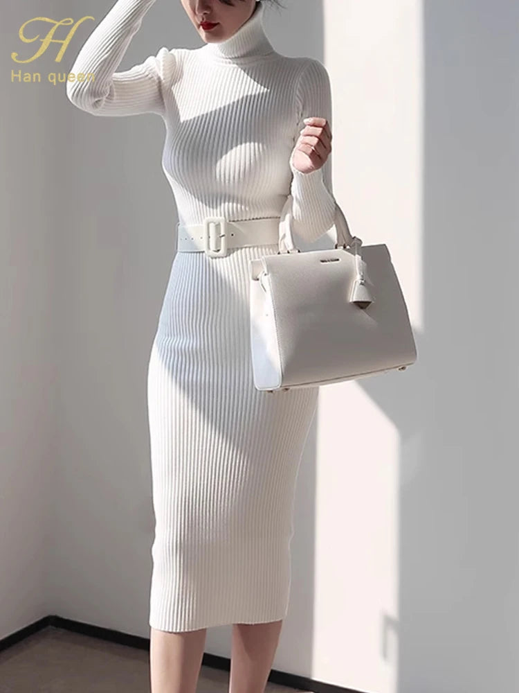 H Han Queen Knitted Turtleneck Sweater Bodycon Dress Bottoming Women Soft Elastic Autumn Winter Midi Party Dresses With Belt