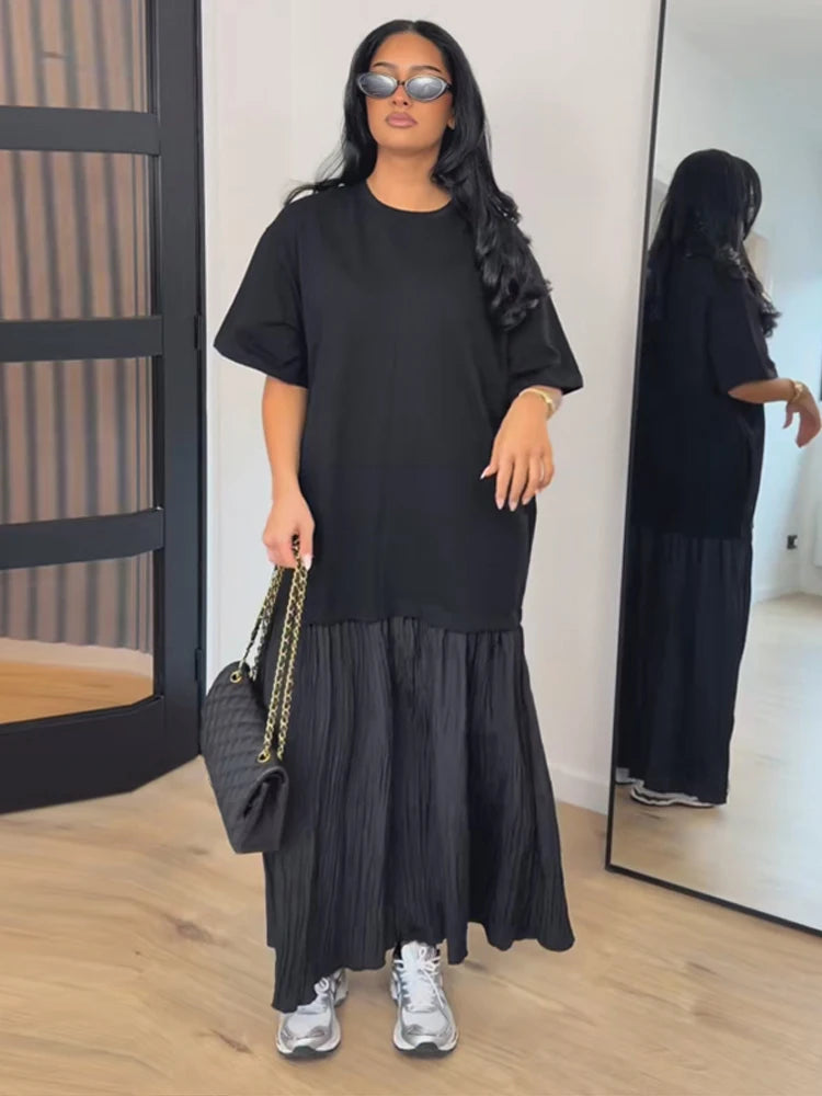 Short Sleeve Patchwork Oversized Long Dress Women Elegant O-neck Pleated Loose Party Evening Dresses Summer Casual Lady Vestidos