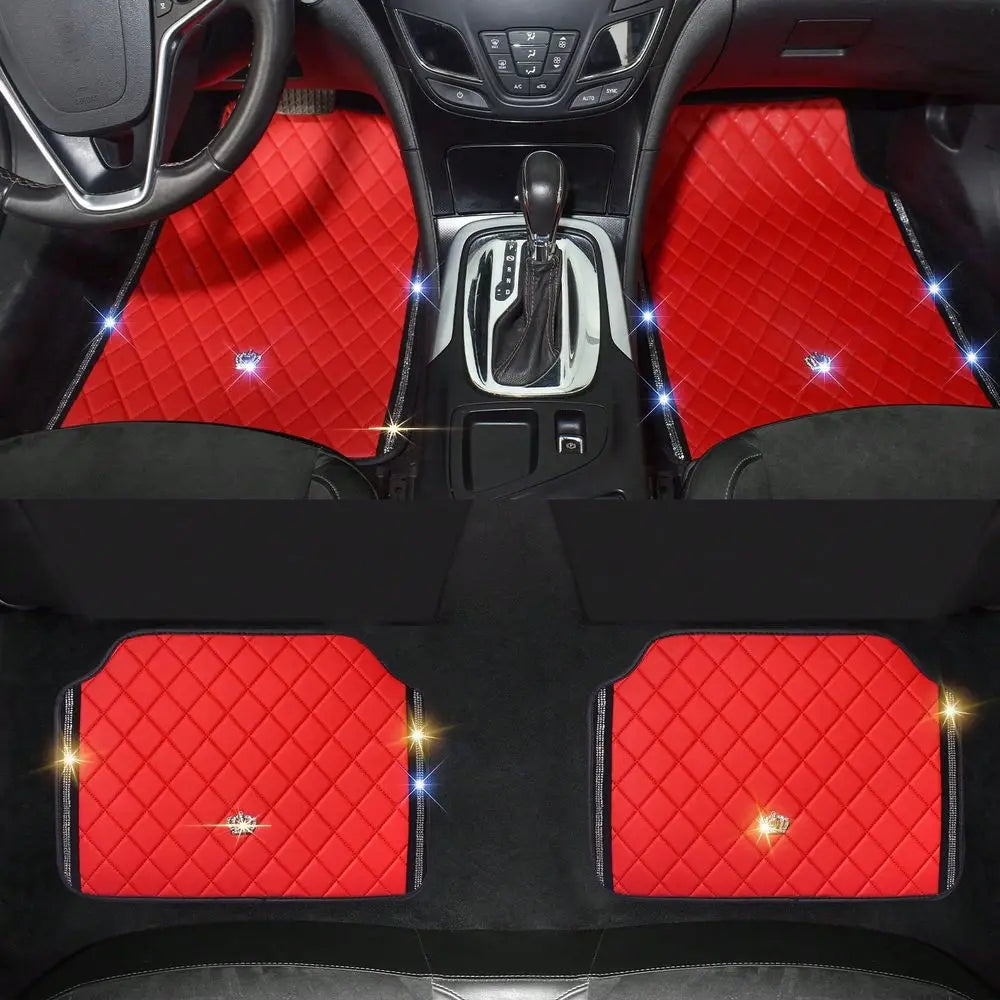 All Weather Car Floor Mats, Bling Diamond Full Leather Liners, Heavy Duty & Odorless, Fit SUVs & Sedans