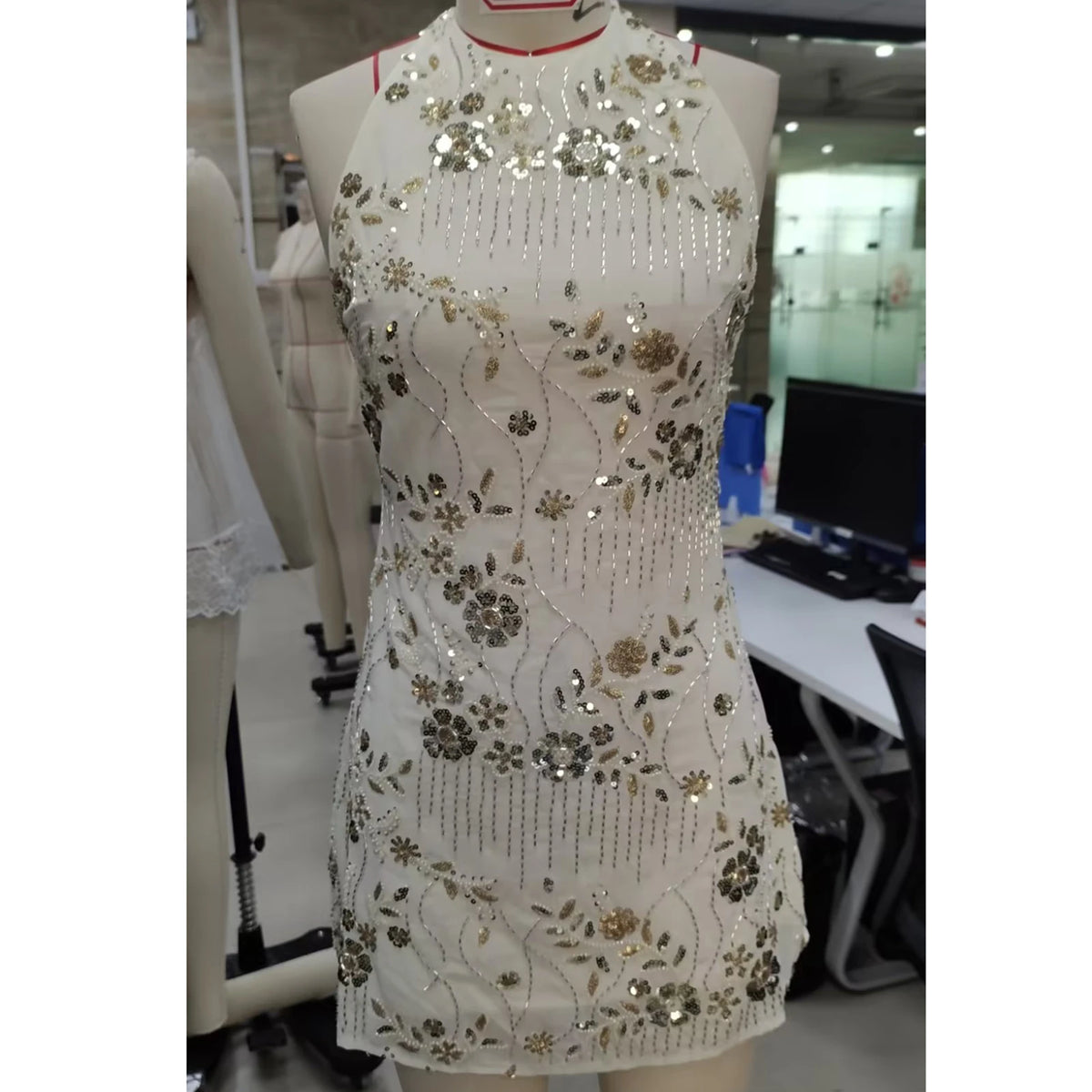 Women's Holidays Summer Halter Dress Shiny Sequins Beading Floral Backless Casual Slim Fit Neck-mounted Mini Dress
