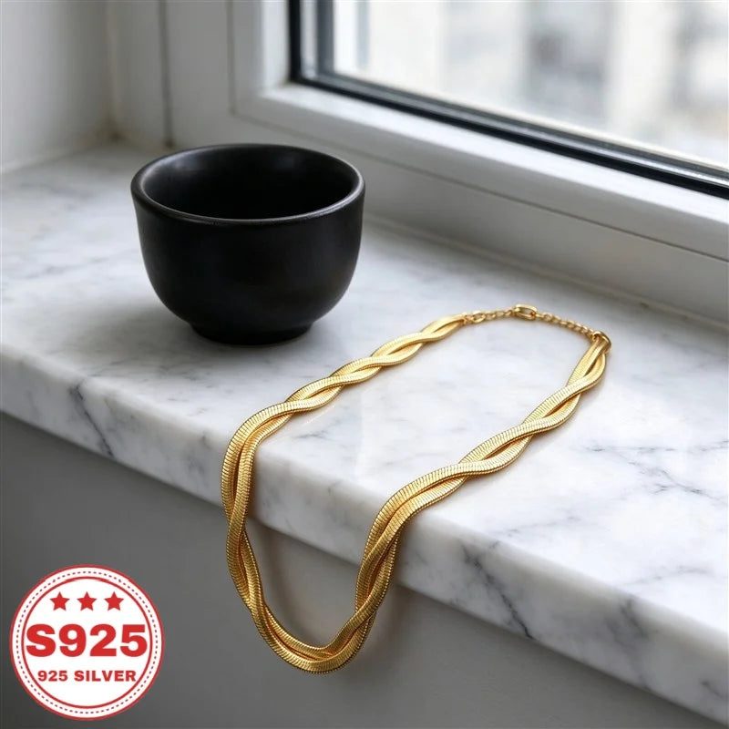 Twisted Herringbone Necklace, 18K Plated S925 Sterling Silver, Intertwined Flat Snake Chain, Unisex Fashion Jewelry, Daily Wear, Anniversary Birthday Holiday Gift, Buy Three Get One Free