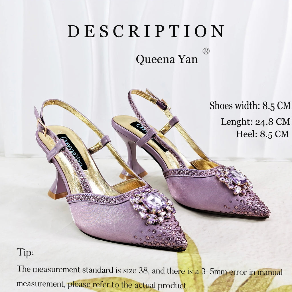 Elegant Lilac Satin Pointed Pumps Decoration Wavy Rhinestone Evening Bag For Wedding Women Heels Shoes Matching Bag Heels S