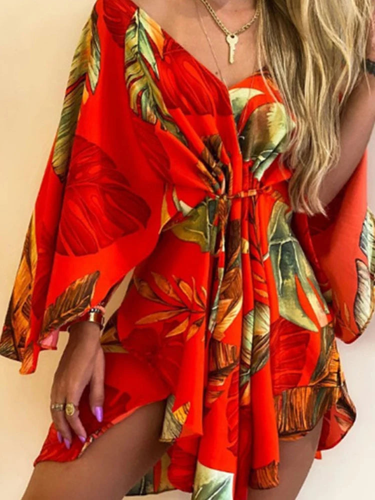 Sexy V Neck Long Batwing Sleeve Floral Print Loose Asymmetrical Dress Summer Women Irregular Leaf Print Party Boho Dresses