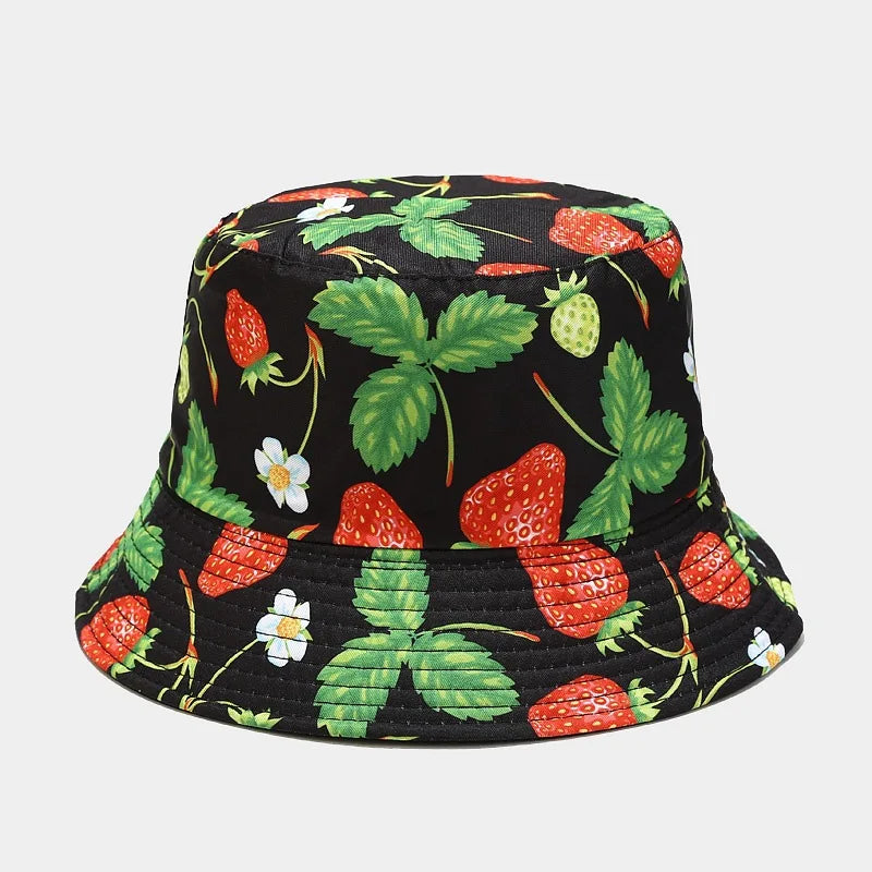 New Creative Fruit Pattern Fisherman's Hat Unisexdouble Sided Bucket Cap Uv Protection Panama Sun Caps for Girls Beach Hats