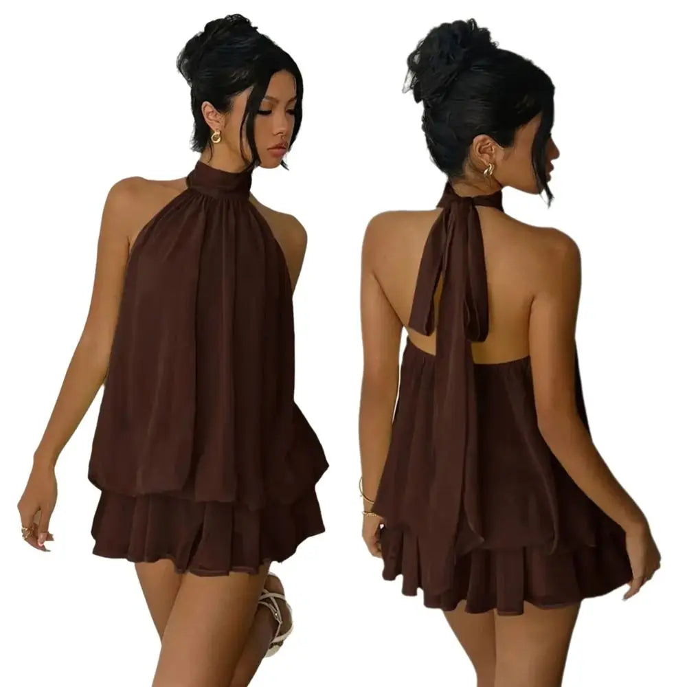 New Halter Tie Party Dress Backless Chiffon Going Out Dresses Sleeveless Ruffle Brunch Outfits for Women