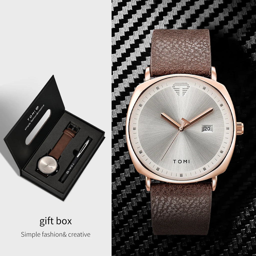 TOMI New 2PCS Luxury Business Men Watch Gift Box Set Simple and Casual Men Calendar Quartz Watch Pen Reloj Men Holiday Gift