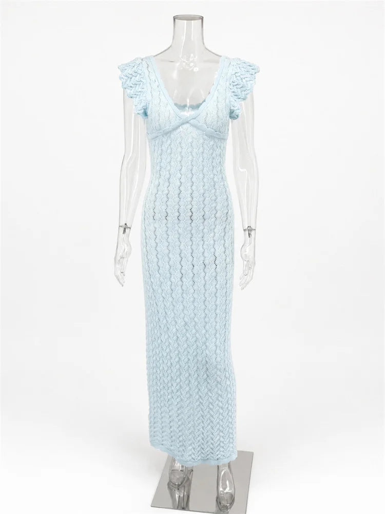 Tossy Ruffled Hollow Out Knit Long Dress Women V-Neck Fashion Patchwork See-Through Beach Holiday Dress Knitwear Female Dress