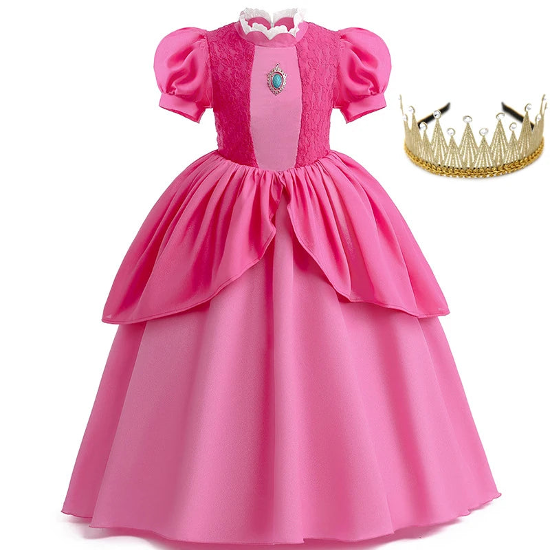 Princess Peach Chiffon Lace Girls Cosplay Dress Baby Kids Vestidos Party Dresses Carnival Halloween Costume for 3-11 years