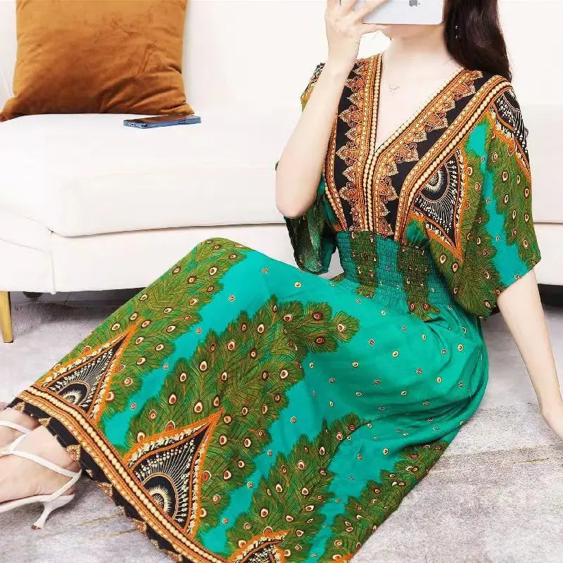 2025 Summer New Casual Elegant Retro Bohemian Style V-neck Elastic Waist Large Swing Printed Long Skirt Autumn Summer Dress