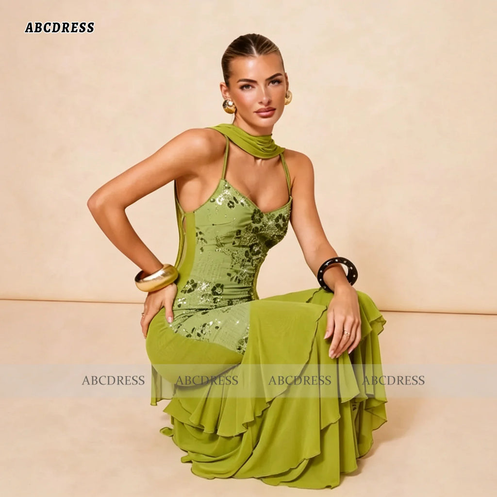 ABC Customized Elegant Olive Green Halter Neck Sequin Floral Evening Dress robes de soirée Mermaid Tiered Ruffle Prom Dress
