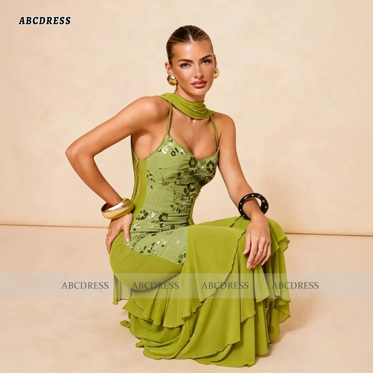 ABC Customized Elegant Olive Green Halter Neck Sequin Floral Evening Dress robes de soirée Mermaid Tiered Ruffle Prom Dress
