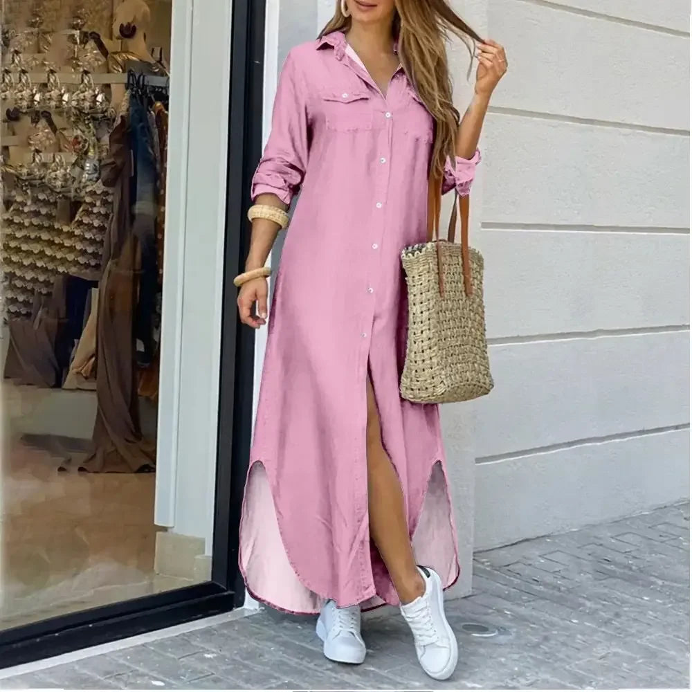 Women Shirt Dress Single Breasted Long Dresses Full Sleeve Turn Down Collar Solid Vestidos Shirts Pockets Split Casual 2025