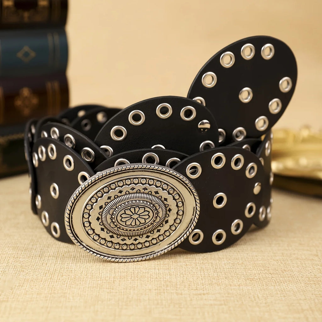 1 Piece of Women's Black Round Cake PU Belt with Bohemian Style Floral Buckle, the First Choice for Shopping