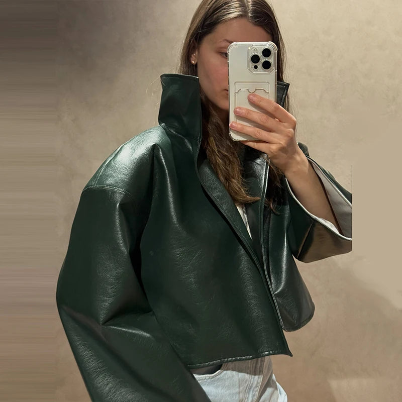 Loose Solid Women's Pu Leather Jacket Long Sleeve Stand Collar Lady Coats Crop Tops 2026  Autumn Fashion Female Street Outerwear