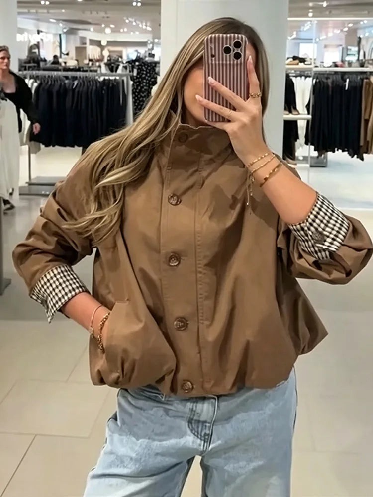 Elegant Plaid Patchwork Women's Jacket Loose Full Sleeve Stand Collar Single Breasted Outwear Female 2026 Fashion Autumn Outwear