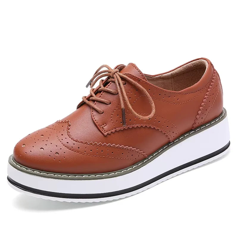 EOFK Spring Autumn Women Derby Platform Flats Brogue Leather Lace up Classic Bullock Footwear Gold Female Oxford Shoes Lady