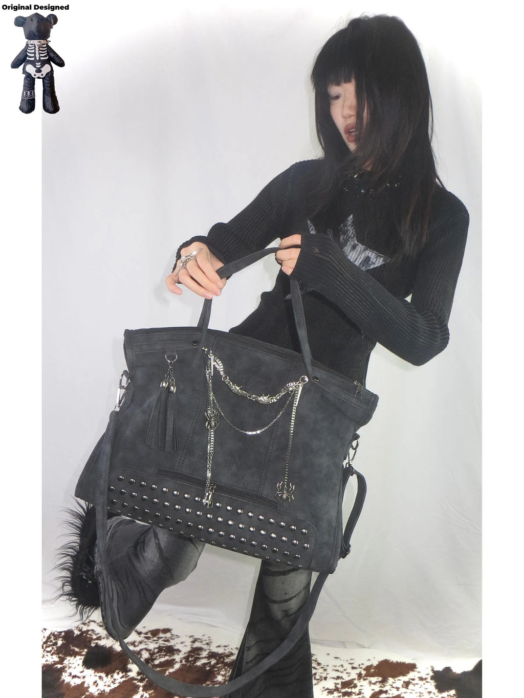 Y2K Gothic Lolita Girl Dark PU Leather Shoulder Bags Totes Harajuku Women Pin Chain Punk Cross Messenger Bag Handbags
