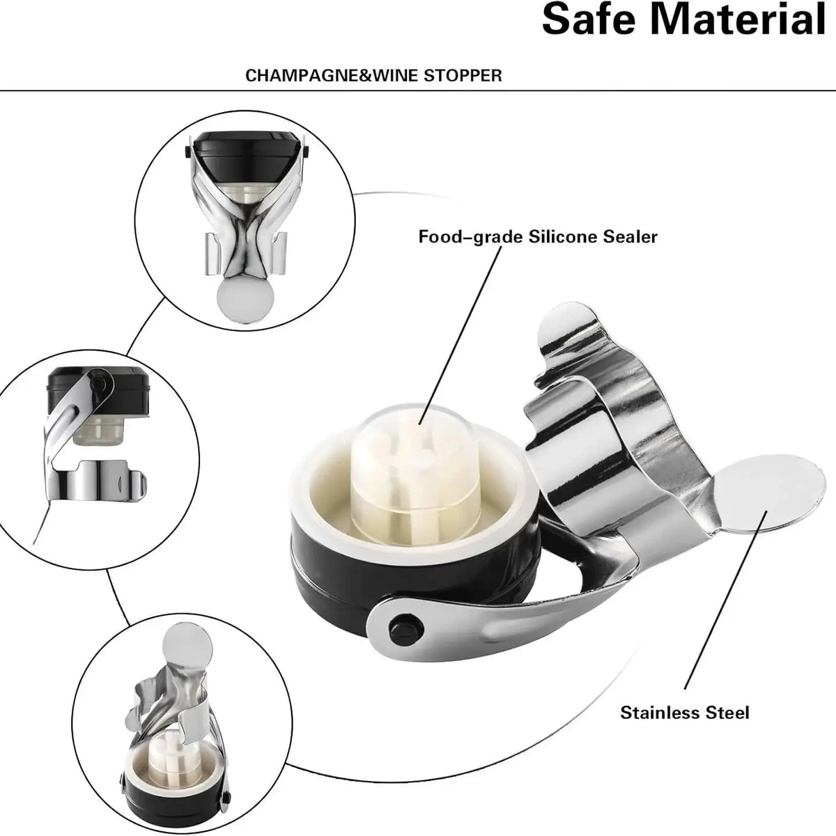 Champagne&Wine Bottle Stoppers Stainless Steel with Food Grade Silicone Leak Proof Keep Fresh Reusable Saver Prosecco Sparkling