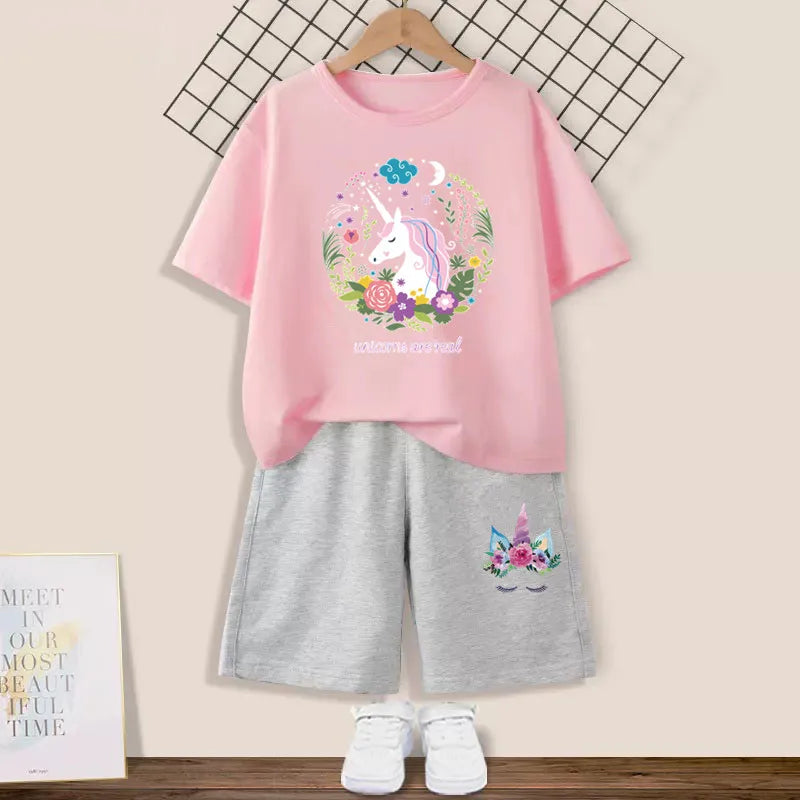 Girls Happy Cat Printed 2PC Outfit Set Summer Fashion Short Sleeve T-Shirt And Shorts Combo Cute Kids Clothing