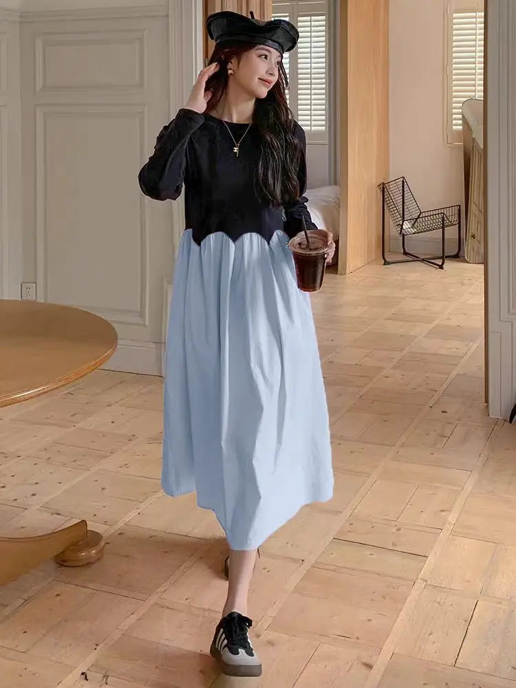 2025 French Style Pregnant Women Elegant Dress Plus Size Long Sleeve O-Neck High Waist Maternity A-Line Dress Long Loose Clothes