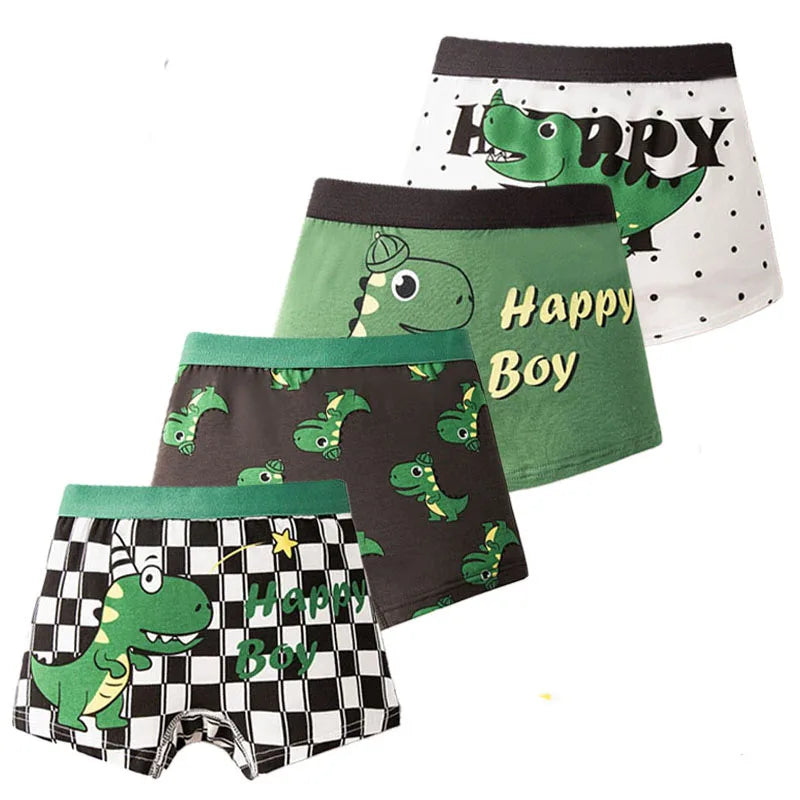 4-Piece Breathable Boy Boxer Brief High Quality Cotton Children Boxers Truck Car Dinosaur Colorful Patterns Kids Trunk Underwear