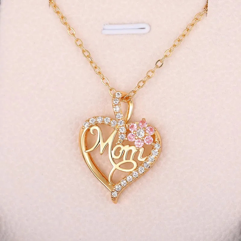 Huitan Mother's Day Necklace for Mom Luxury Trendy Craved Pendant Necklace Pink Flower Aesthetic Neck Accessories Love Jewelry