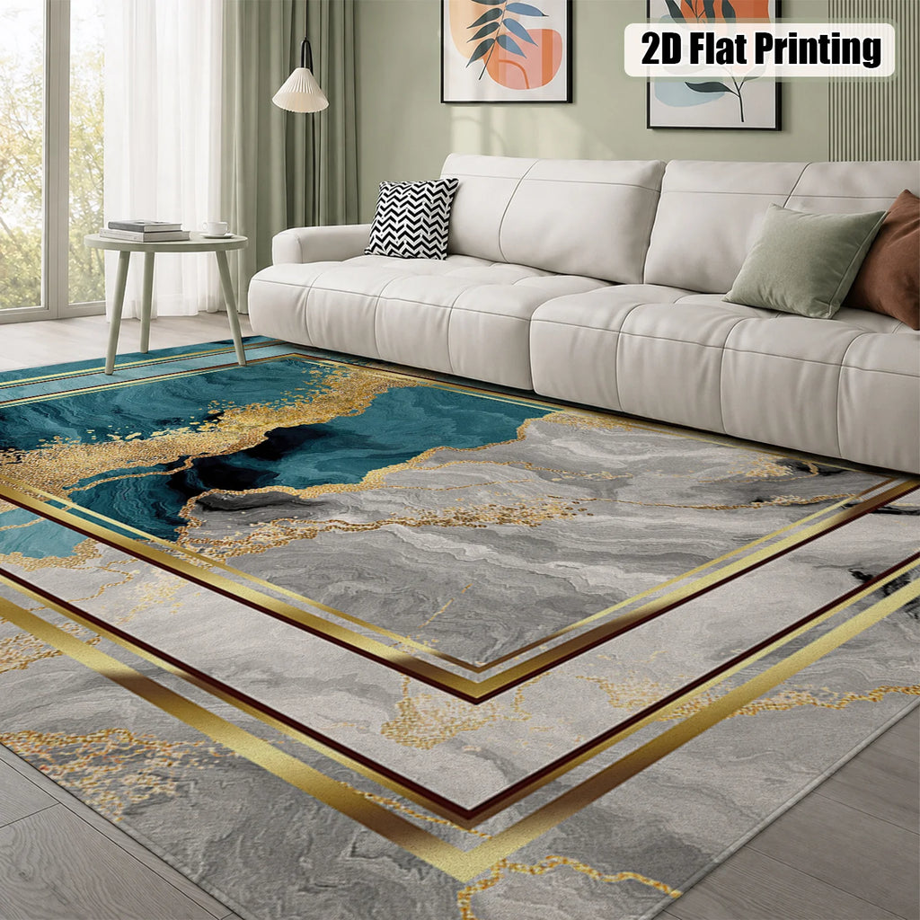 Large Indoor Area Rug, Soft Velvet Low Pile with Non-Slip Dotted Backing, Machine Washable, Teal Gold Marble Abstract Modern Floor Rug for Living Room Bedroom Entryway Home Decor