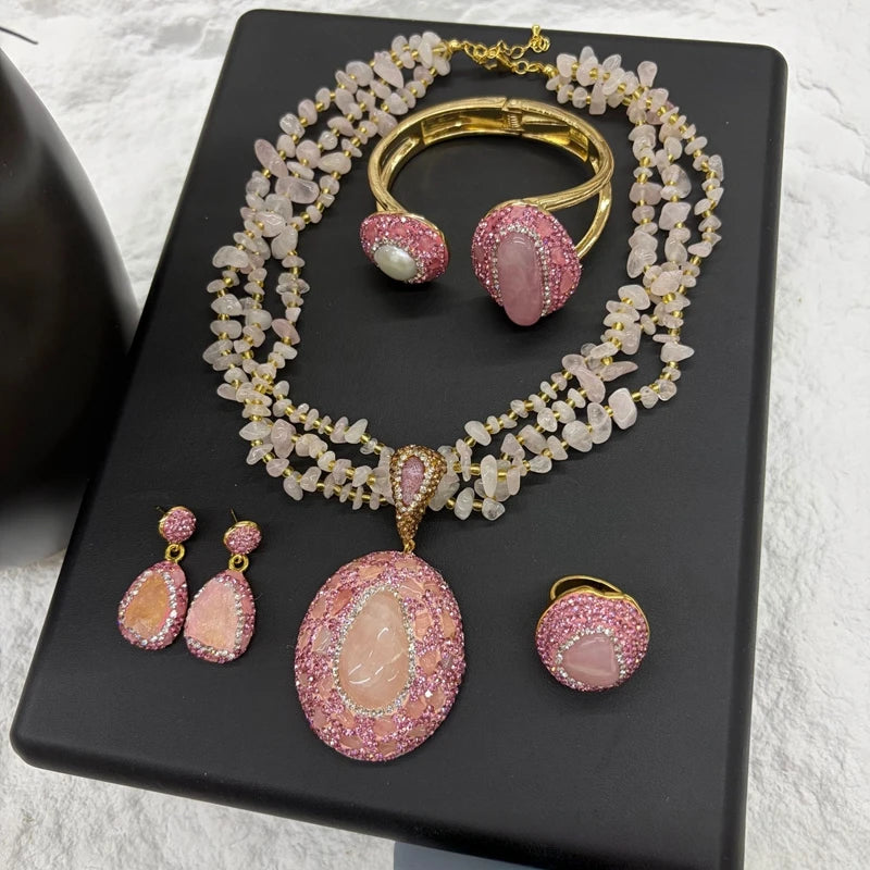 Vintage 4pcs Necklace Earring Ring Bracelet Crystal Stone Jewelry Sets for Women Natural Amethyst Tigers Eye Statement Jewelrys