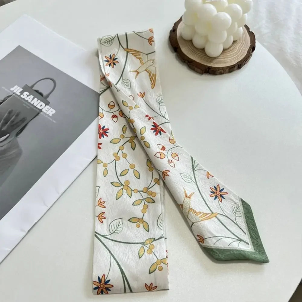 Summer Versatile Satin Silk Ribbon Scarf Long Thin Narrow Bag Strap Fresh Floral Hair Tie for Women