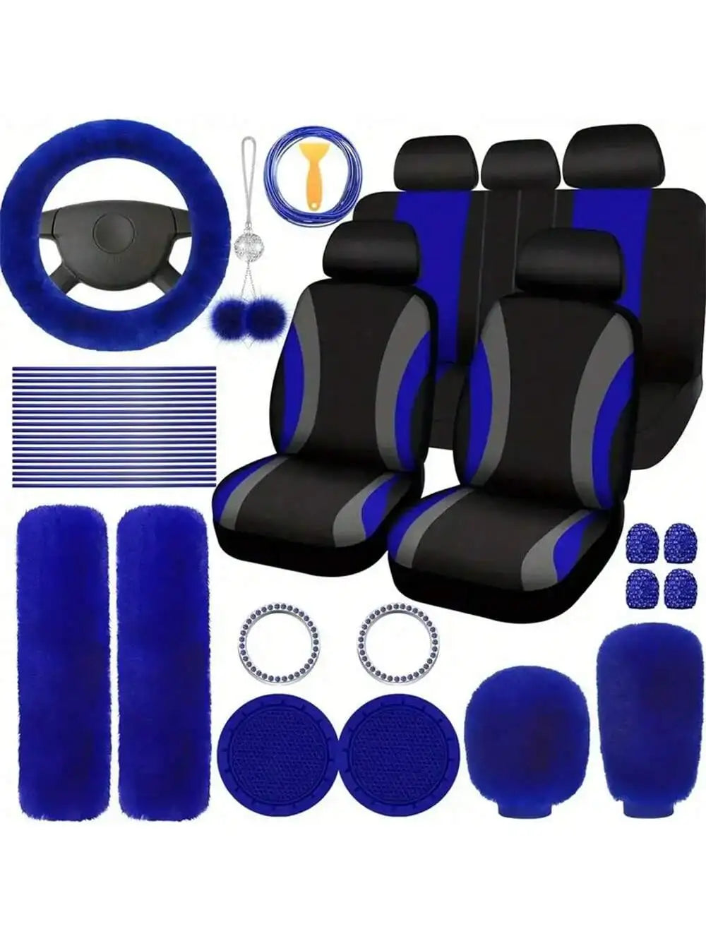 35-Piece Car Seat Cover Set With Steering Wheel Cover, Cup Holder Coasters, Shoulder Pads, And Accessories - Polyester Fabric Interior Decor Kit Without Filler,Purple