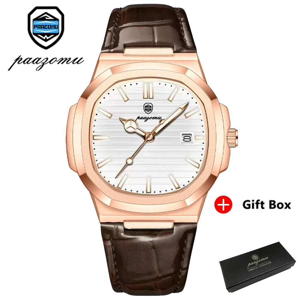 PAAZOMU Top Luxury Square Man Watch Date Waterproof Luminous Men Wristwatch High Quality Leather Men's Quartz Watches+Box Reloj