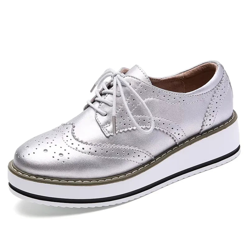 EOFK Spring Autumn Women Derby Platform Flats Brogue Leather Lace up Classic Bullock Footwear Gold Female Oxford Shoes Lady