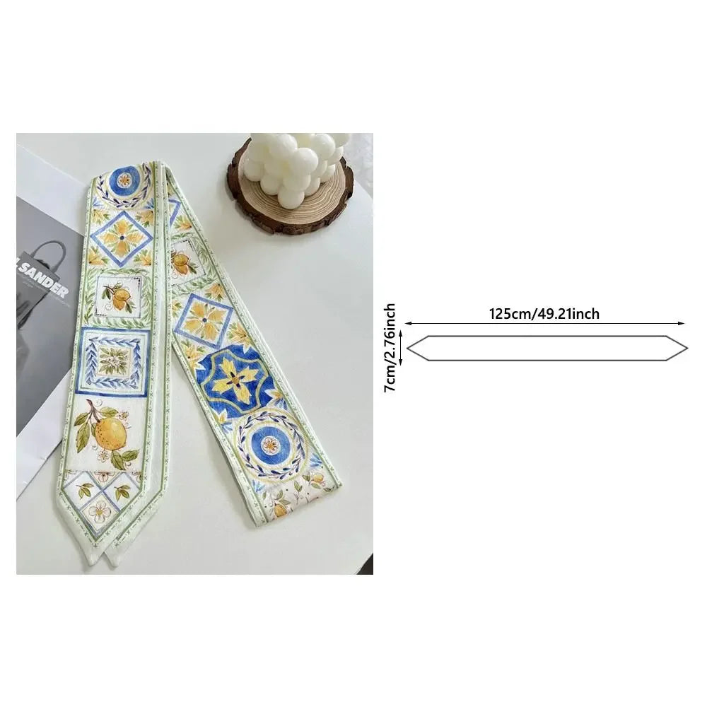 Summer Versatile Satin Silk Ribbon Scarf Long Thin Narrow Bag Strap Fresh Floral Hair Tie for Women