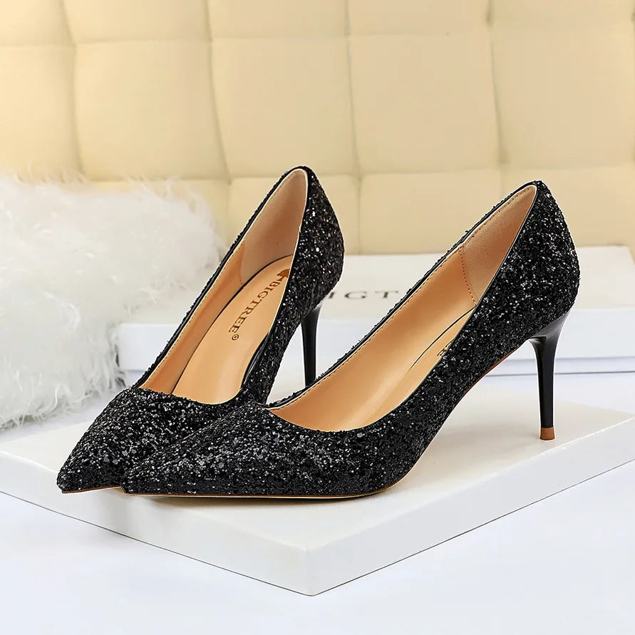 Women 7cm 9.5cm High Heels Bling Pumps Wedding Bridal Scarpins Sparkly Heels Lady Party Sequins Nightclub Evening Gold Red Shoes