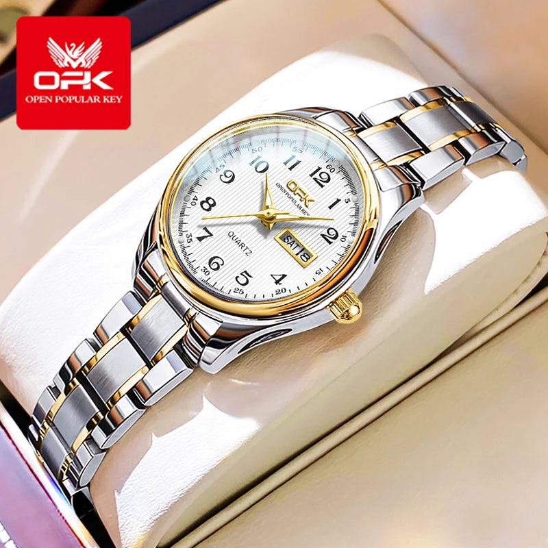 OPK 8110 Ladies Watch Classic Simple Brand Quartz Watch Stainless Steel Strap Watch For Women Waterproof Luminous Day-Date Watch