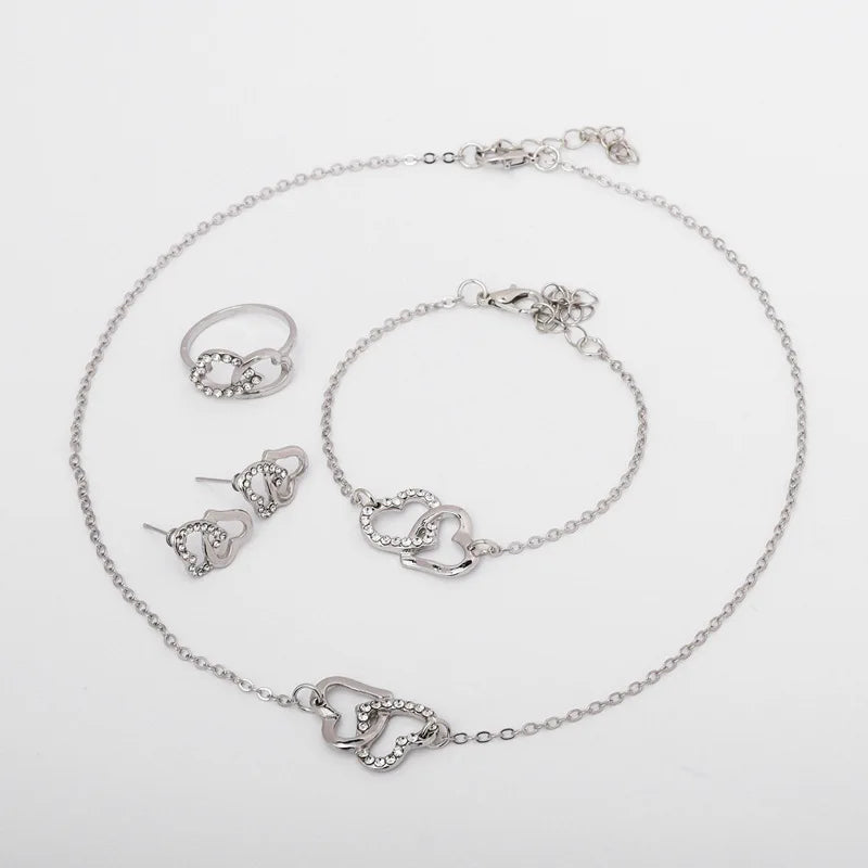 5PCS Set Gold-Color Heart Shaped Jewelry Sets Of Ring Earrings Necklace For Women Elegance Rhinestone