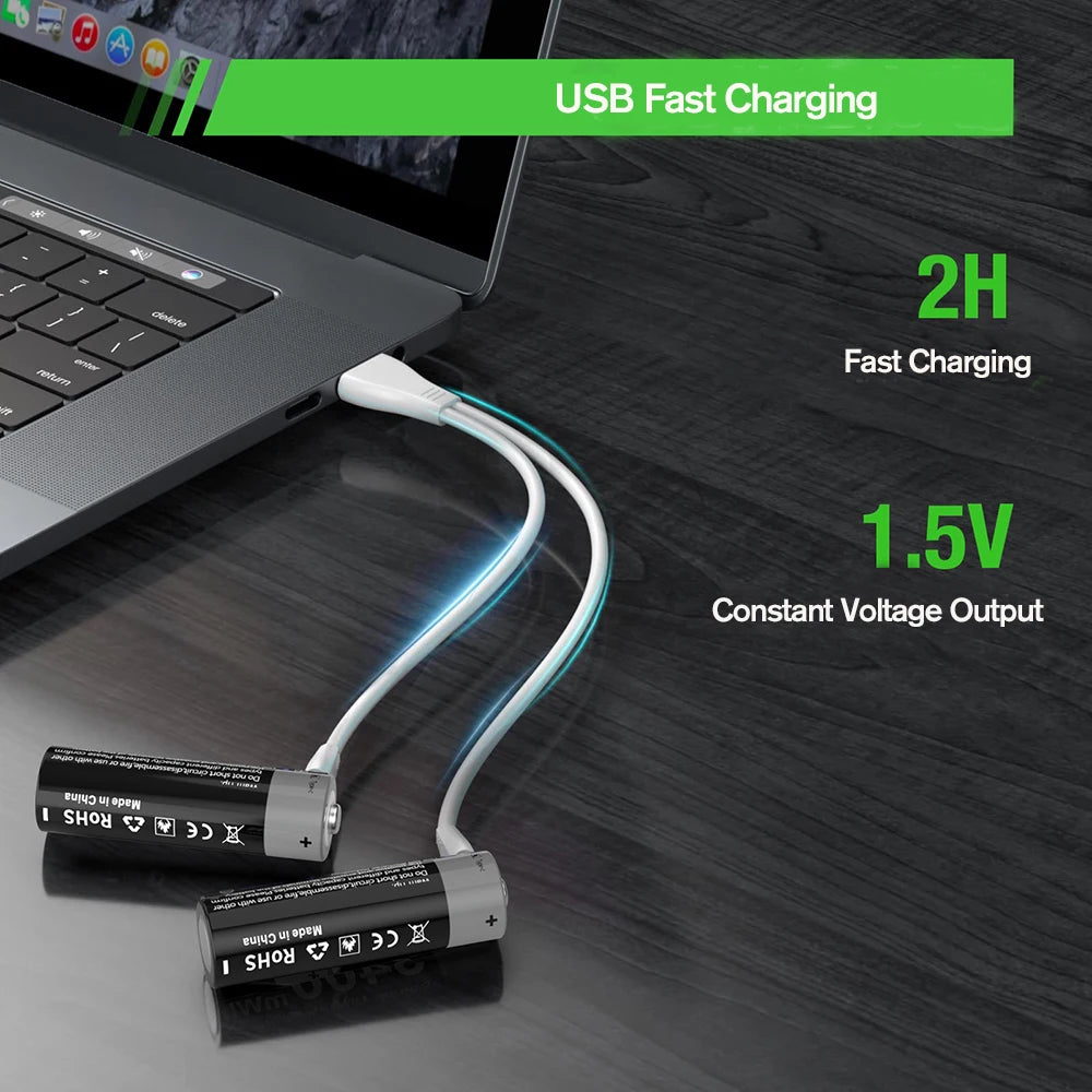 Kuugro High Capacity 1.5V 3400mWh AA Rechargeable Battery USB Type-C AA Li-ion Battery for Remote Control Smart Door Lock Toy