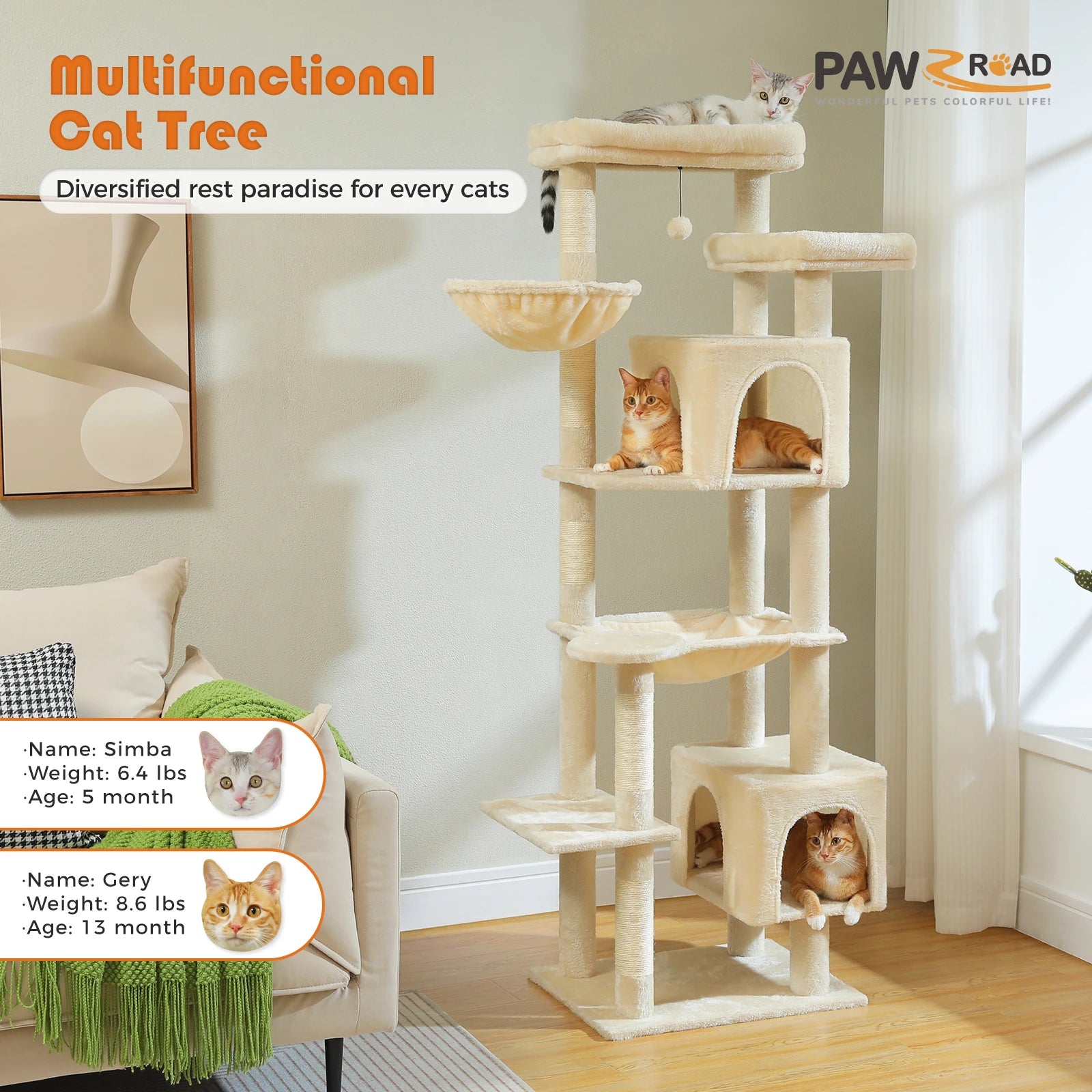 Tall Cat Tree for Indoor Cats Big Cat Tower with Super Large Hammock Cat Climbing Tree with Scratching Posts Condo House Black