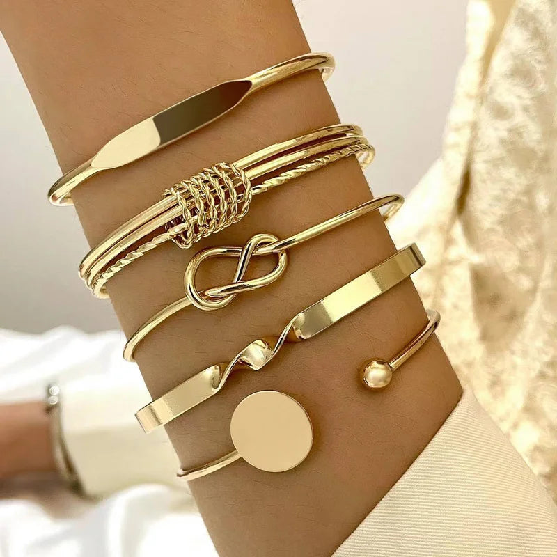 Boho Chic Gold Color Minimalist Bracelets Set for Women Retro Hip Hop Geometric Stackable Bracelet Daily Wear Party Jewelry Gift