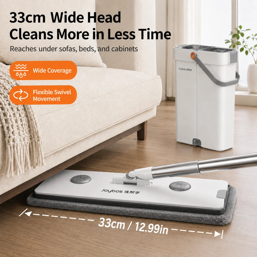 Joybos Ultra-Slim Flat Mop and Bucket System, Hands-Free Wash & Dry Floor Mop Set with 2 Microfiber Pads, 360° Swivel Mop with Squeegee Edge for Hardwood Tile Laminate