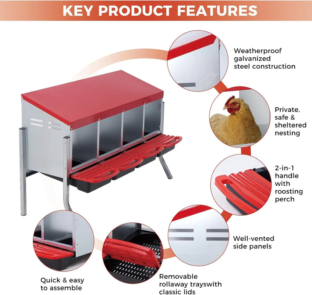 Multi-Compartment Metal Chicken Nesting Box Automatic Roll-Out Egg Collection Waterproof Steel Laying Box for Hens Ducks Rabbits