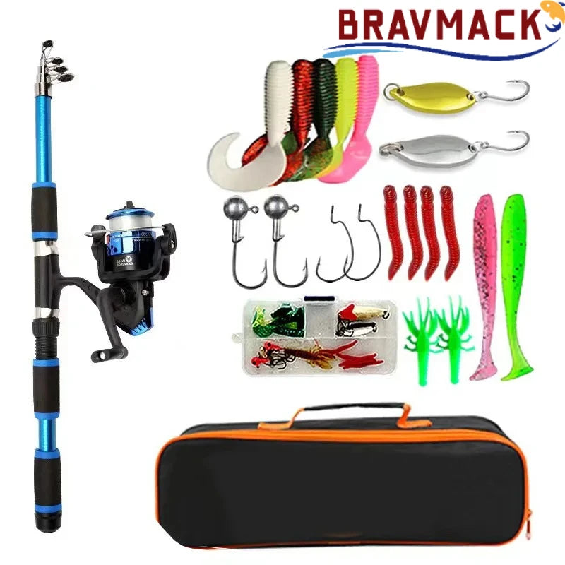 BRAVMACK Travel Telescopic Fishing Rod Full Kit Spinning Reel Baits Hooks Portable Outdoor Angling Pole Set