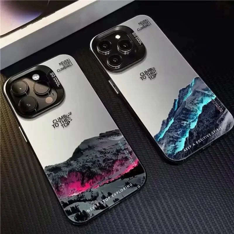 Snow Mountain Landscape Sunset Electroplate Silver Phone Case For iPhone 16 Pro 17 18 Pro 11 12 13 14 15 Pro Max Air 16E Cover